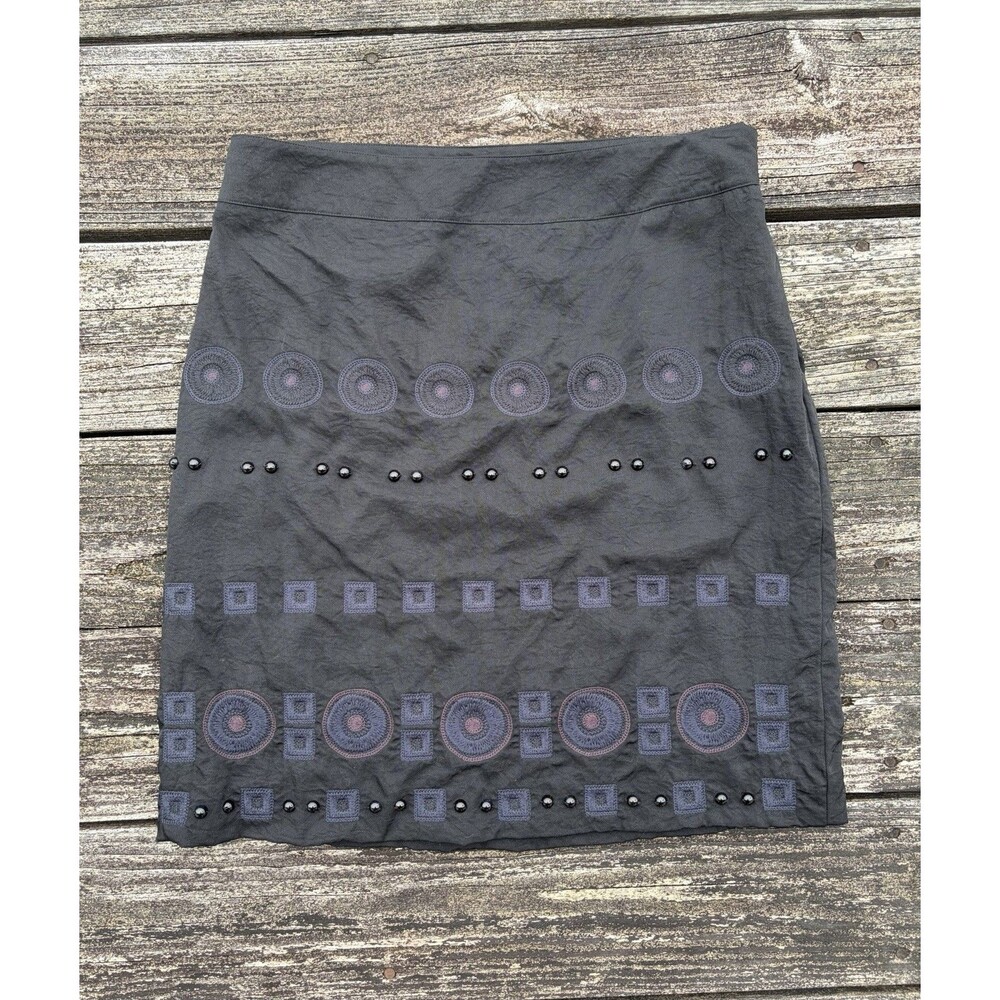 DKNY Black Beaded Embroidered Artsy A-Line Knee Skirt Sz 10